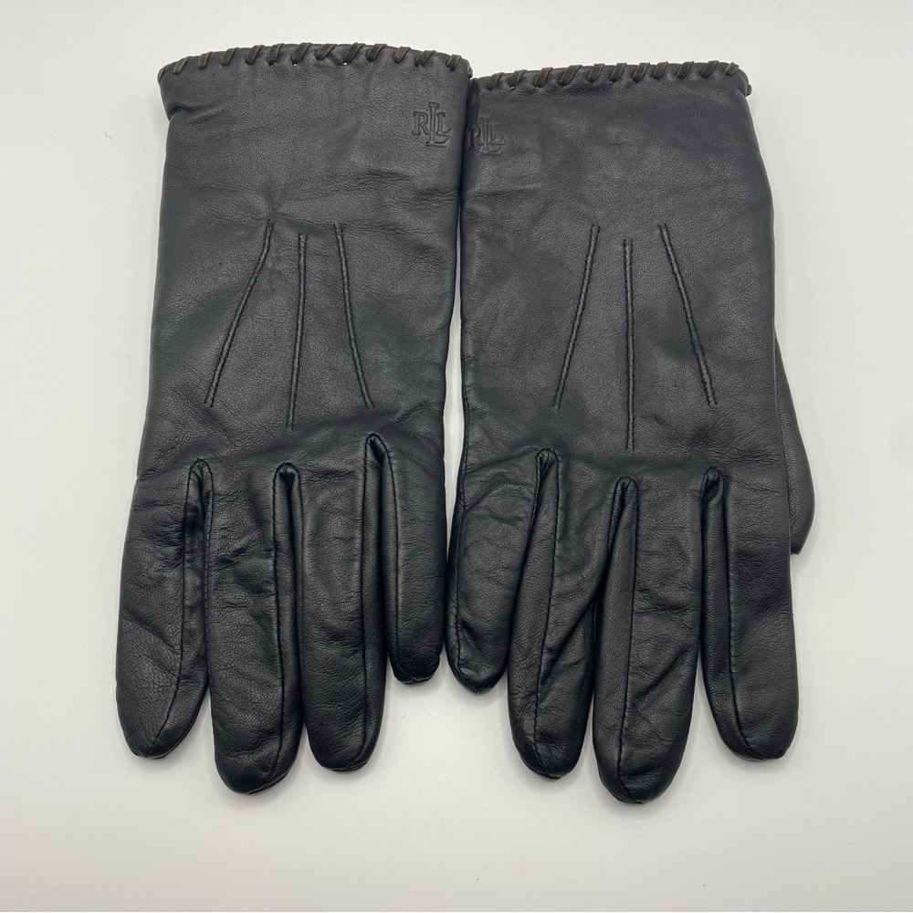 Ralph Lauren Black Leather Women’s Whipstitched Gloves XL RL Logo